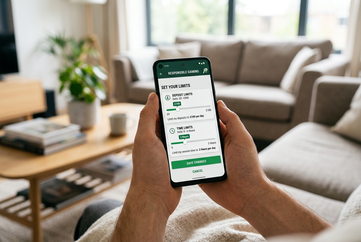 En person som ställer in gränser för ansvarsfullt spelande på en smartphone.