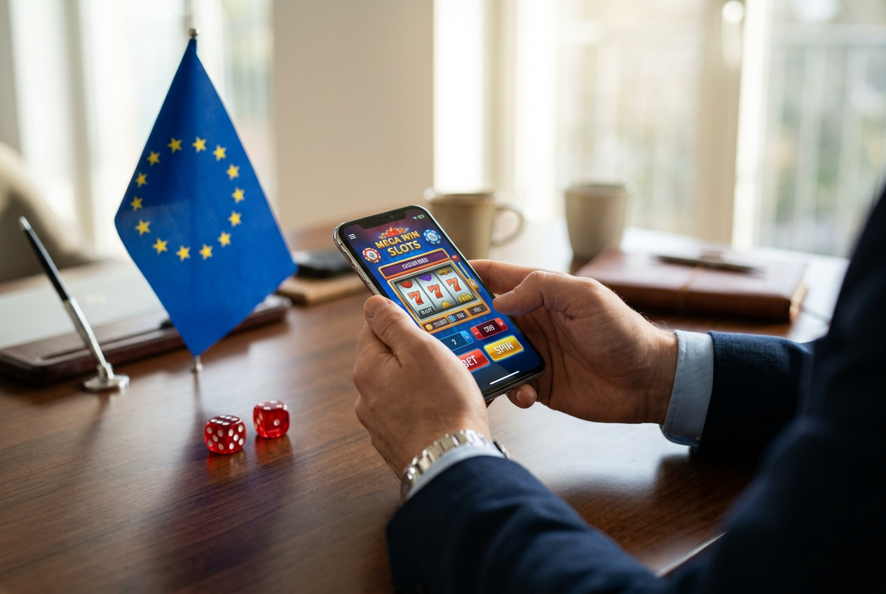 En person som spelar på en mobiltelefon med en EU-flagga och tärningar i bakgrunden.